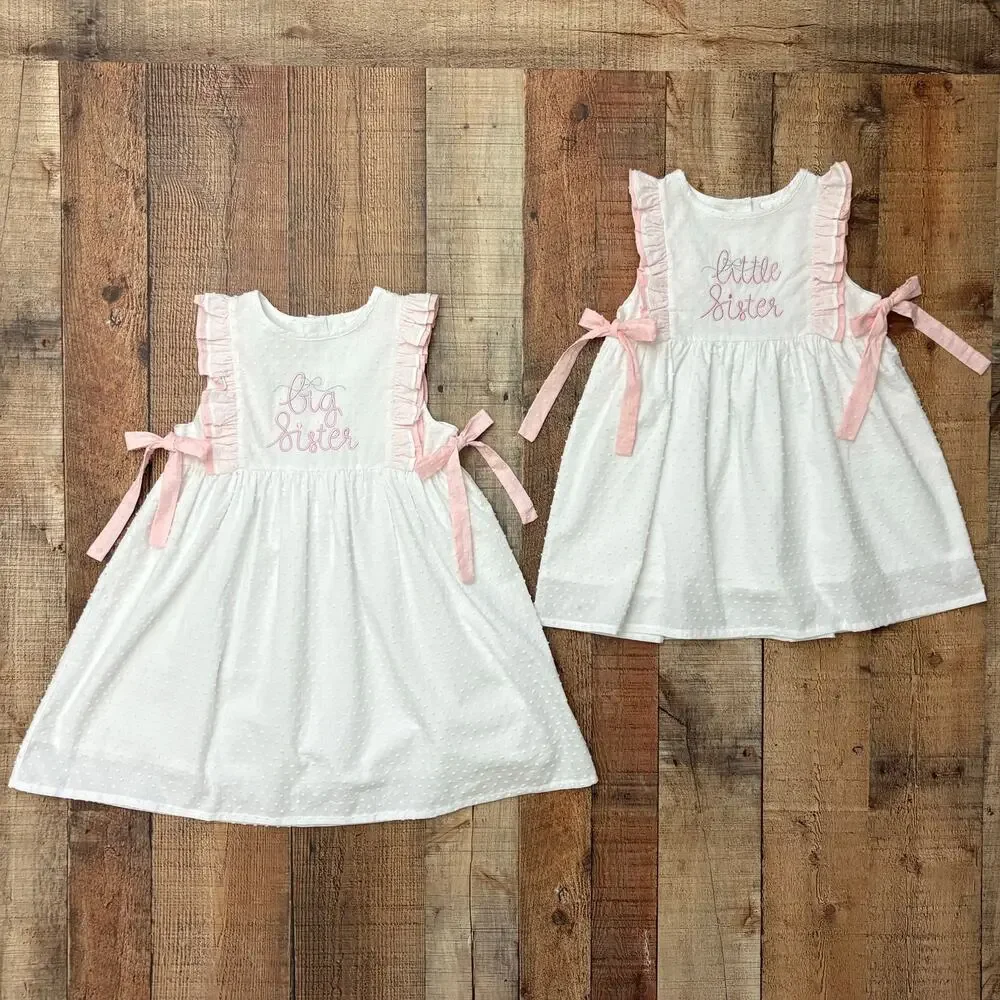 Stitchy Fish Big Sister Dress White Pink Ruffle Bow Girls Multiple Sizes Avail.